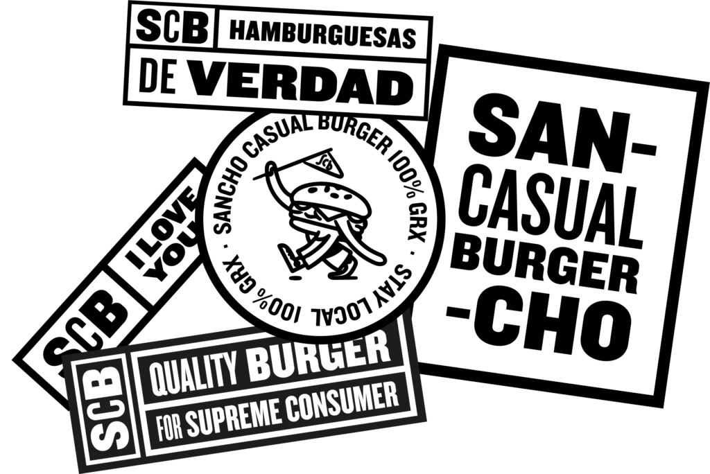 Composición de sellos diseñados con la identidad de Sancho Casual Burger